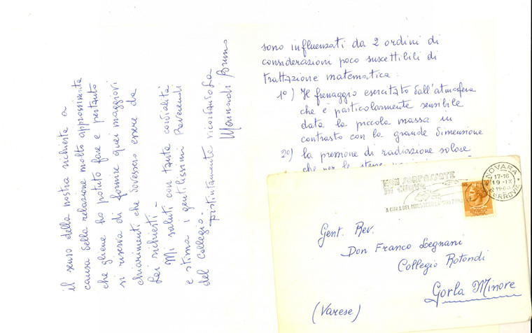1960 NOVARA Lettera prof. Bruno MAINARDI a don LEGNANI su passaggi di ECO