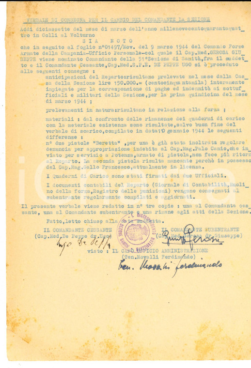 1944 WW2 COLLI A VOLTURNO (IS) Verbale consegna Giuseppe GEROSA nuovo comandante