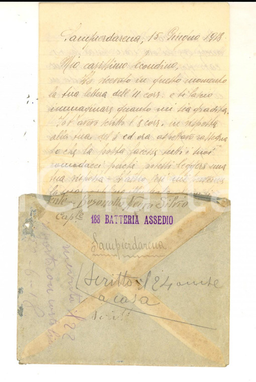 1918 WW1 GENOVA Lettera Silvio BOSONOTTO NEGRO 188^ Batteria Assedio