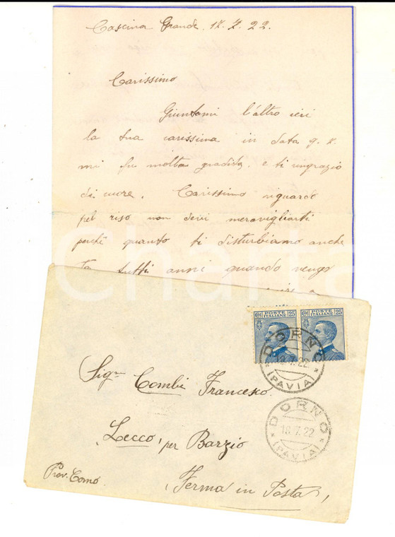 1922 STORIA POSTALE Lettera a Francesco COMBI Cent. 25 Michetti DORNO per BARZIO