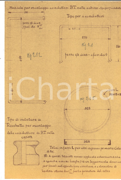 1930 ca MILANO Scuola Ingegneria - Mensole per conduttori BT da cabine *Scheda