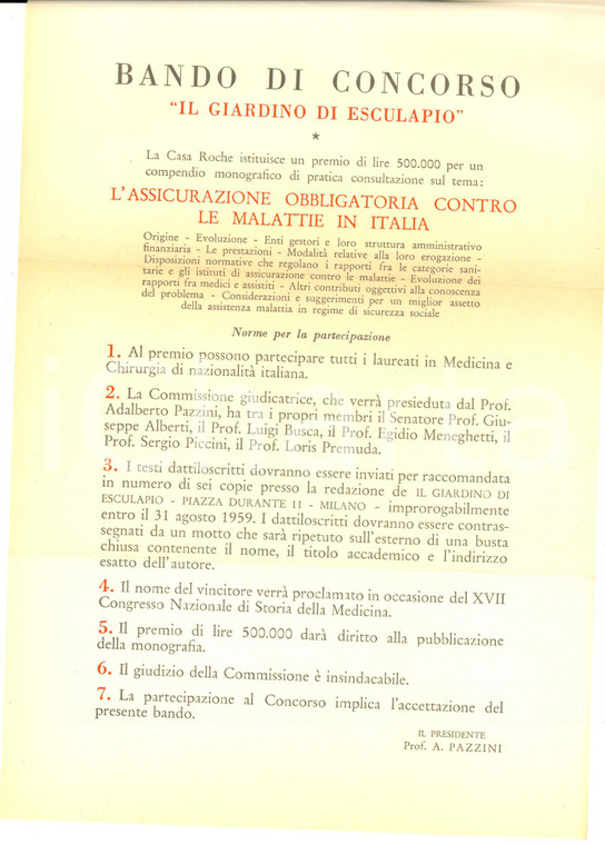 1959 MILANO Farmaceutica ROCHE - Bando di concorso IL GIARDINO DI ESCULAPIO