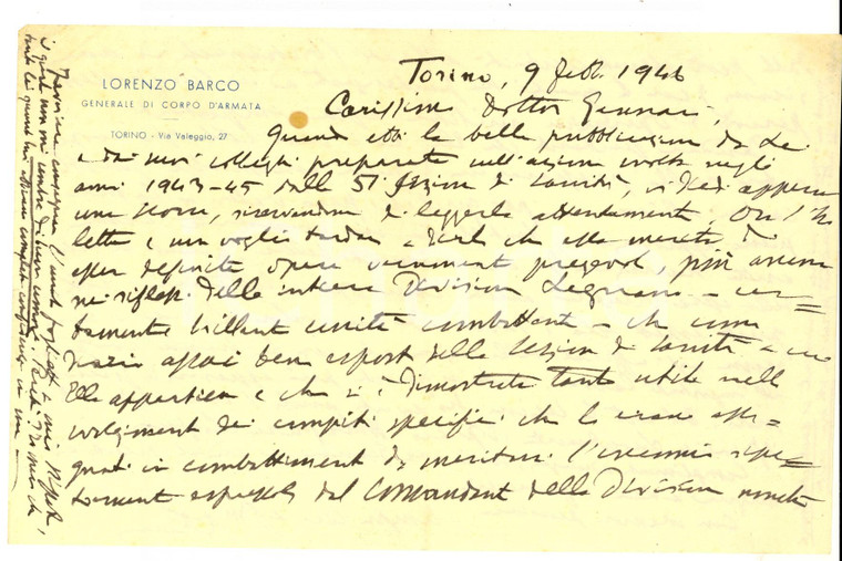 1946 TORINO Lettera gen. Lorenzo BARCO sulla Divisione LEGNANO *Autografo
