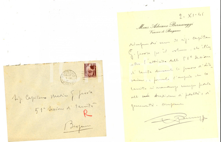 1941 BERGAMO Ringraziamenti del vescovo mons. Andrea BERNAREGGI *Autografo