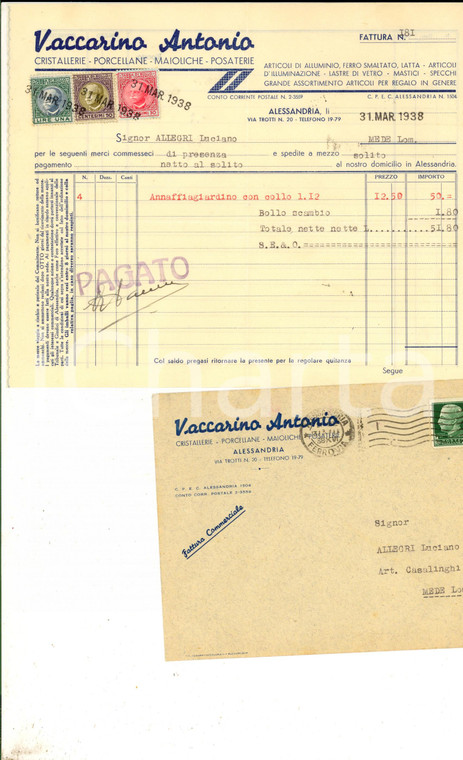 1938 ALESSANDRIA Antonio VACCARINO Cristallerie e porcellane *Fattura intestata