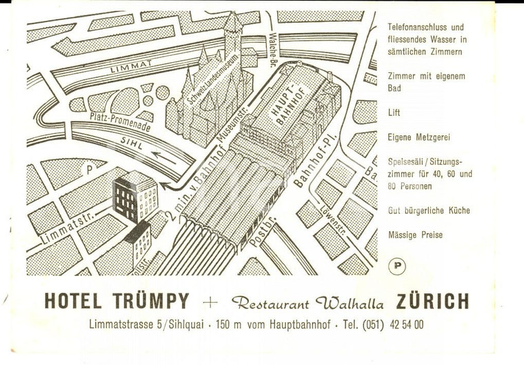 1950 ca ZURICH Hotel TRUMPY - Restaurant WALHALLA *Biglietto pubblicitario 12x9