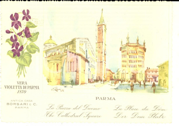 1960 PARMA Piazza del Duomo *Cartolina Violetta di Parma BORSARI ILLUSTRATA