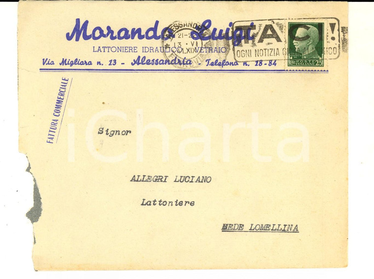 1941 ALESSANDRIA Ditta Luigi MORANDO lattorniere *Busta PUBBLICITARIA vuota