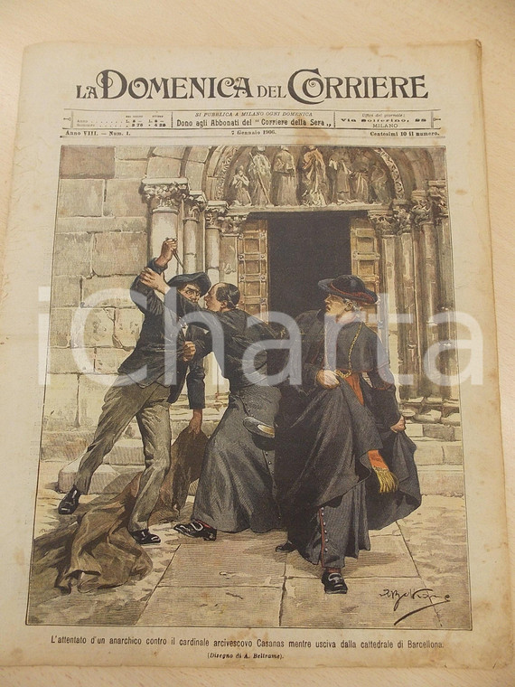 1906 DOMENICA DEL CORRIERE Attentato al card. CASANAS - Pio Albergo Trivulzio