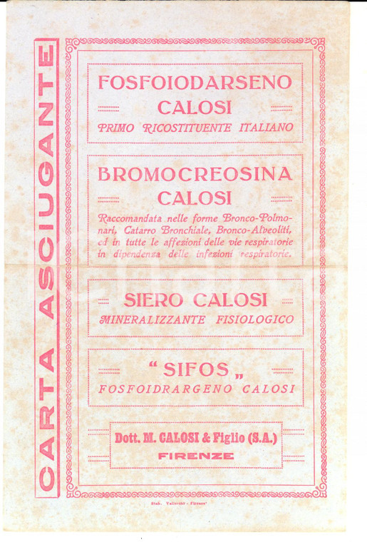 1920 ca FIRENZE Dott. M. CALOSI Siero - Sifos - Carta asciugante *Farmaceutica