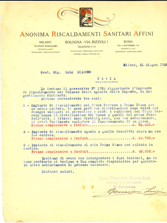 1926 MILANO Anonima Riscaldamenti Sanitari Affini - Preventivo per impianto
