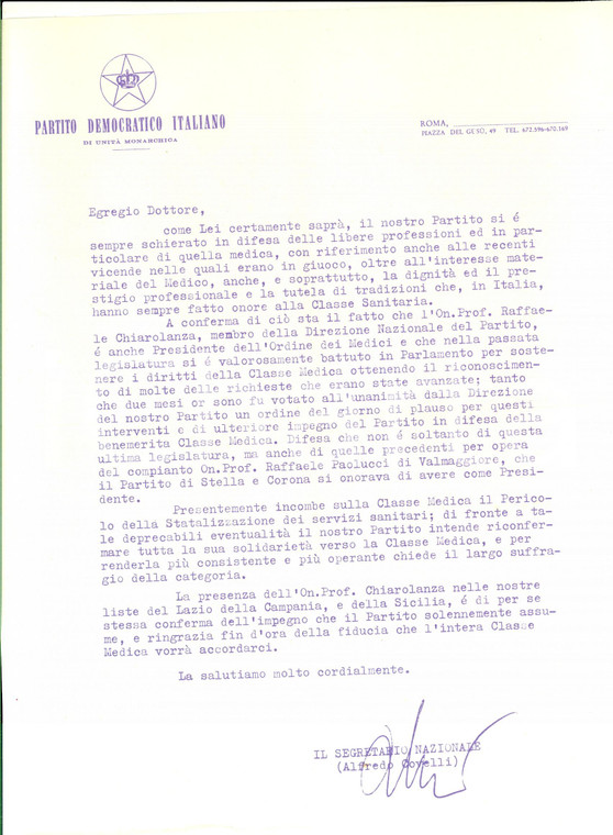 1960 ca PDIUM PARTITO UNITA' MONARCHICA Lettera pro Raffaele CHIAROLANZA