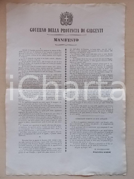 1861 GIRGENTI (AG) Appalto per la fondazione di una nuova tipografia *Manifesto