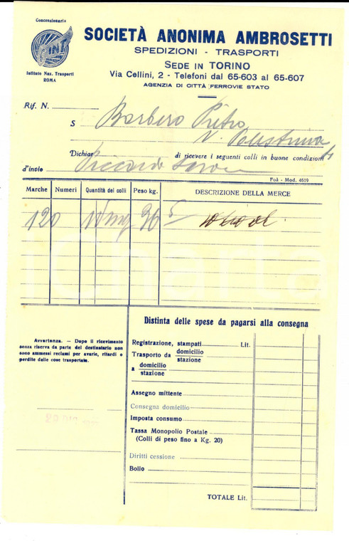 1937 TORINO Società Anonima AMBROSETTI Trasporti - Lettera per spedizione