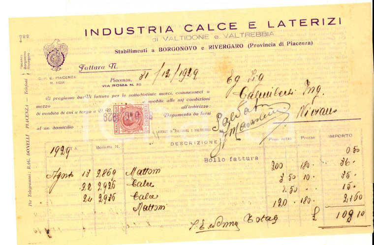 1929 PIACENZA Industria CALCE E LATERIZI di VALTIDONE *Fattura mattoni