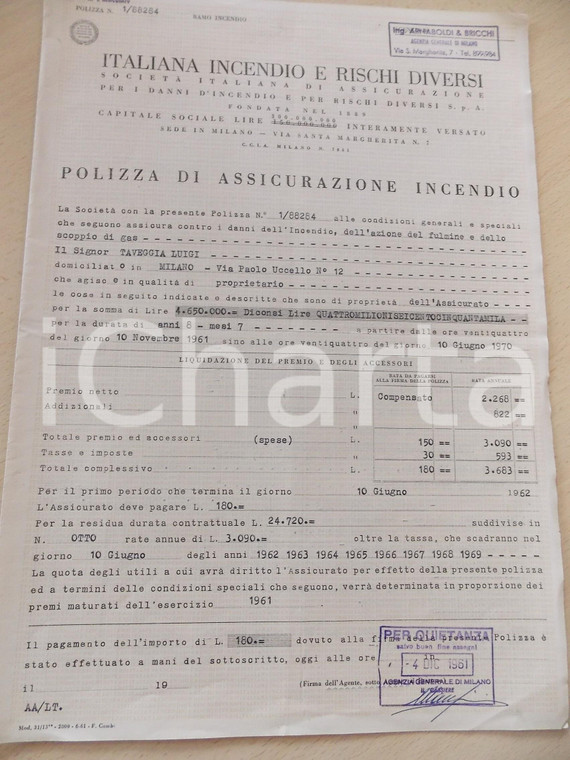 1961 MILANO Assicurazione ITALIANA INCENDIO e rischi diversi - Polizza 