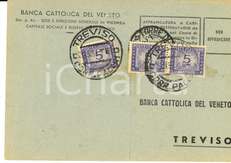 1951 STORIA POSTALE Cartolina BANCA CATTOLICA DEL VENETO *L. 5 SEGNATASSE