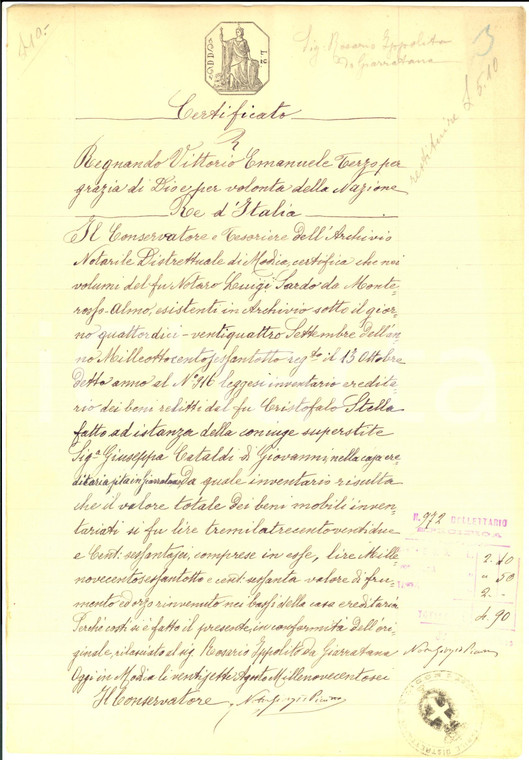 1906 MODICA Certificato su inventario beni del defunto Cristoforo STELLA