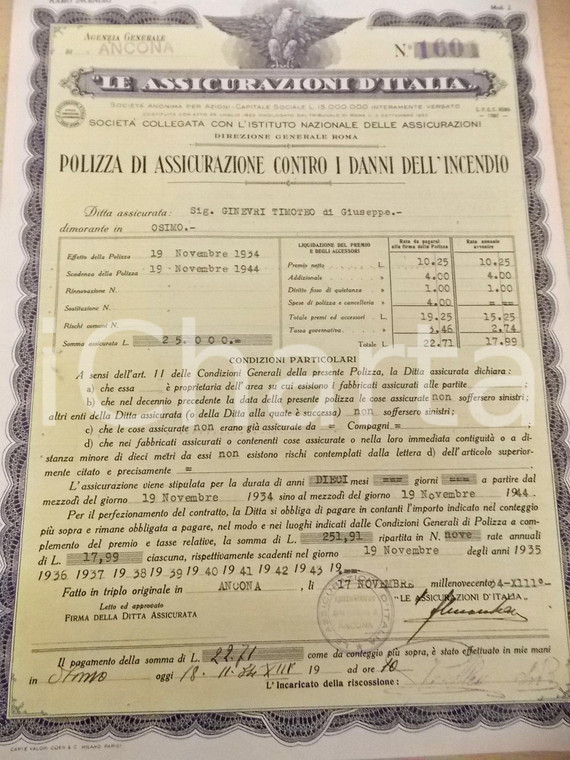 1934 OSIMO (AN) LE ASSICURAZIONI D'ITALIA Polizza Timoteo GINEVRI danni incendio