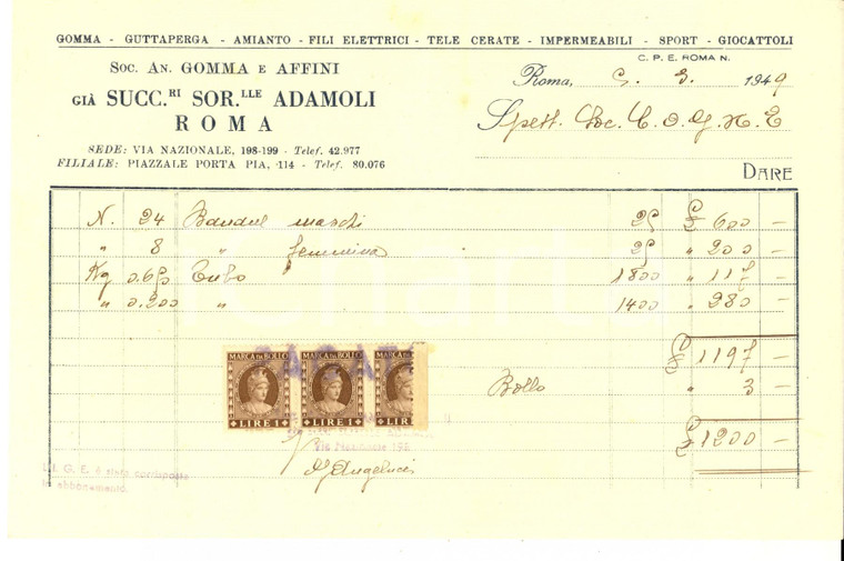 1949 ROMA Società Anonima GOMMA E AFFINI già ADAMOLI *Fattura con bolli