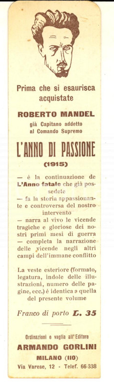 1933 Roberto MANEL L'anno di passione 1915 *Segnalibro pubblicitario ed. GORLINI