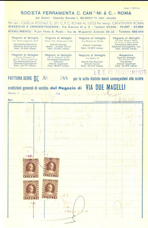 1945 ROMA Società Ferramenta C. CANTINI - Fattura intestata con bolli