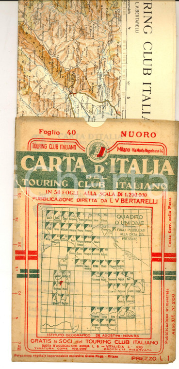 1913 TOURING CLUB ITALIANO Carta d'Italia - NUORO Foglio n° 40 40x50 cm