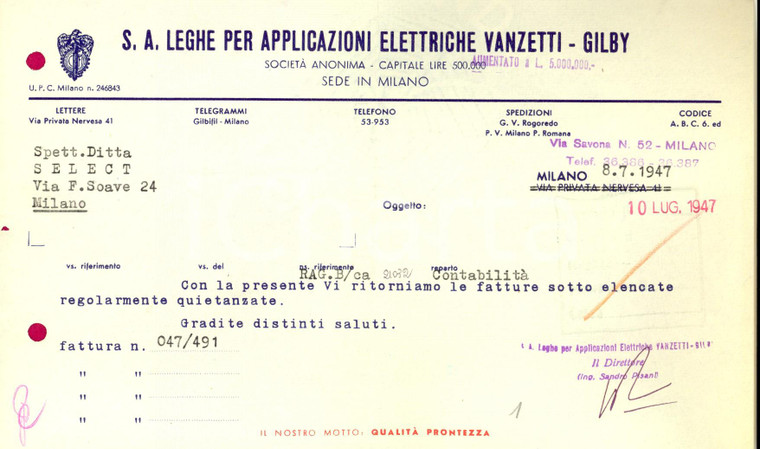 1947 MILANO S. A. Leghe per Applicazioni Elettriche VANZETTI - GILBY *Lettera