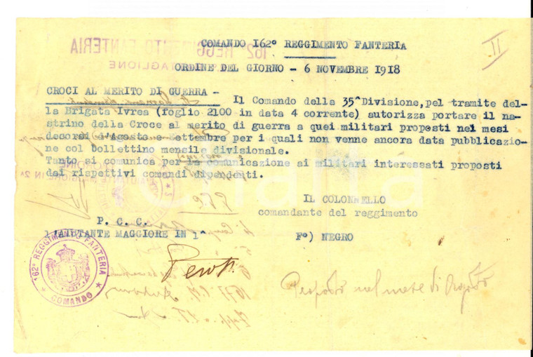 1918 WW1 COMANDO 162° Reggimento Fanteria - Ordine dei giorno su croci al merito