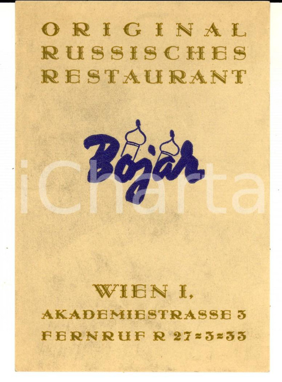 1950 ca WIEN Original Russisches Restaurant BOJAR *Cartoncino pubblicitario 9x13
