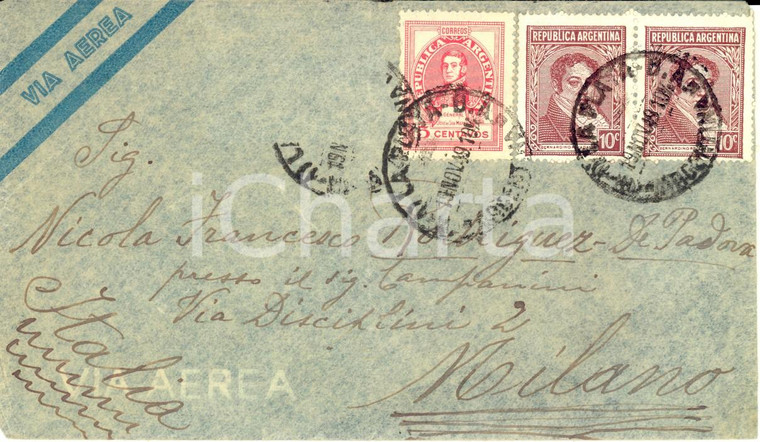 1949 STORIA POSTALE ARGENTINA Busta affrancatura 10 +15 C VIA AEREA Timbro MOTTA