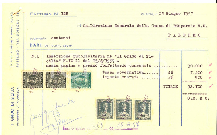 1957 PALERMO IL GRIDO DI SICILIA - Fattura con bolli per annuncio pubblicitario 