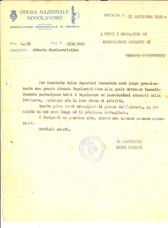 1928 OND Provinciale BRESCIA Lettera per grande adunata dopolavoristica