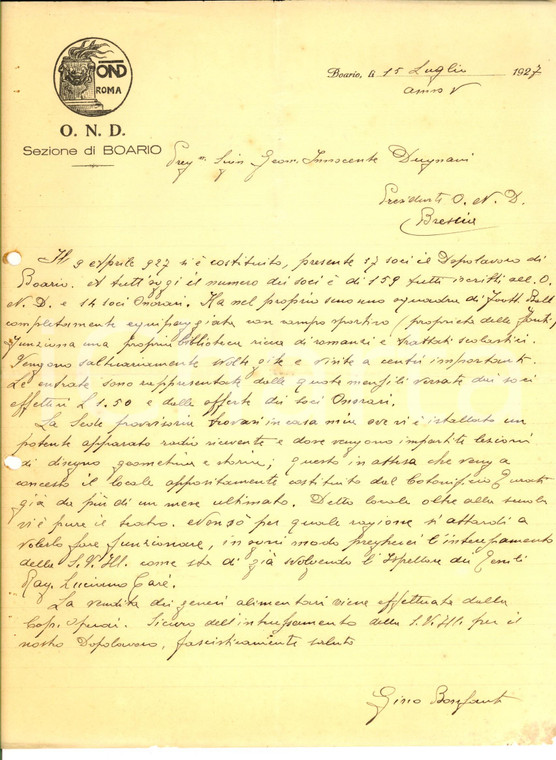 1927 OND BOARIO Lettera presidente Gino BONFANTI su dotazioni della sede