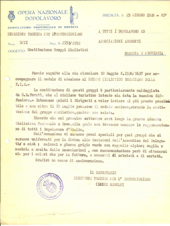 1928 OND BOARIO Lettera pro nascita di un gruppo di ciclismo turistico