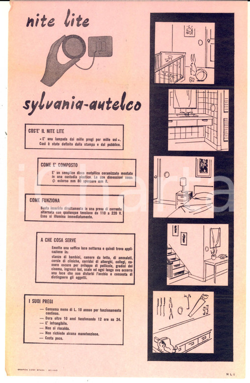 1950 ca MILANO Ditta SYLVANIA-AUTELCO - NITE LITE *Volantino pubblicitario