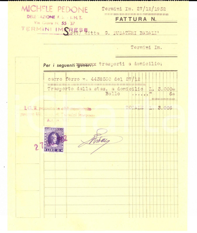 1952 TERMINI IMERESE (PA) Lettera di vettura Michele PEDONE Delegazione FS