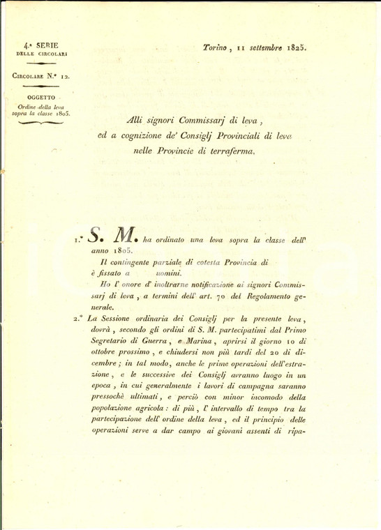 1825 TORINO Ordine della leva sopra la classe 1805 *Lettera circolare 