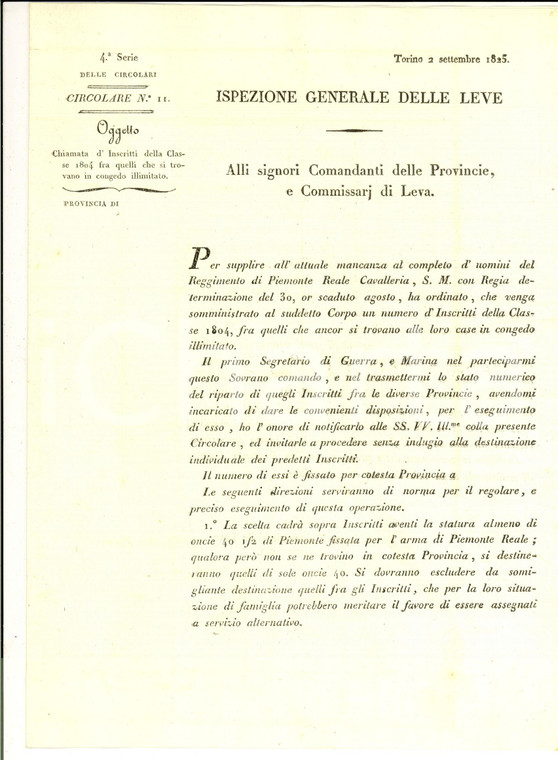 1825 TORINO Chiamata iscritti alla classe 1804 in congedo *Lettera circolare 