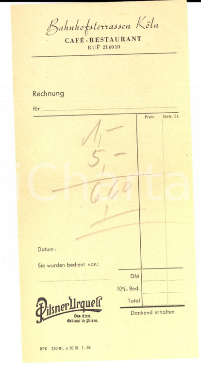 1958 KOLN / COLONIA Ricevuta BAHNHOFTERRASSEN *Pubblicitaria