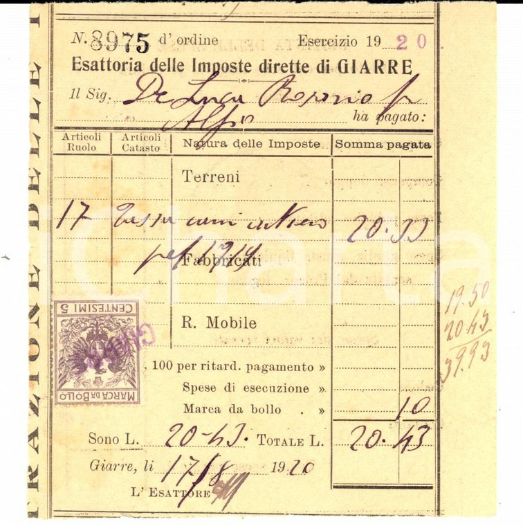 1920 GIARRE (CT) Censi su terreni Rosario DE LUCA *Ricevuta con bollo 5 cent.