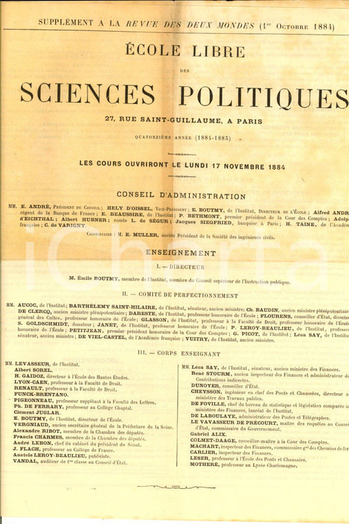 1884 PARIS Ecole libre des Sciences Politiques - Programme et organisation