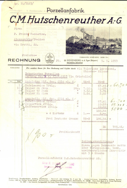 1953 HOHENBERG A. D. EGER Proforma HUTSCHENREUTHER A.-G. Porzellanfabrik