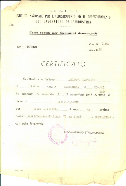 1948 INAPLI ALESSANDRIA Certificato Lanfranco AMELOTTI corso radio riparatori