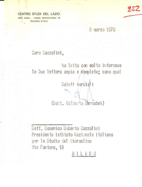 1970 ROMA CENTRO STUDI DEL LAZIO Lettera Gilberto BERNABEI a COZZOLINI AUTOGRAFO