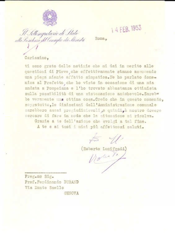 1953 ROMA Roberto LUCIFREDI sulle dimissioni di un politico locale *Lettera
