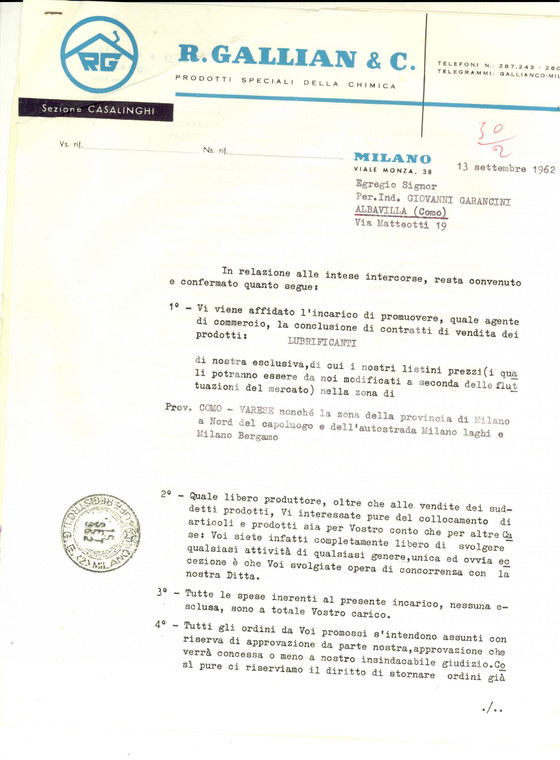 1962 MILANO Ditta R. GALLIAN Chimica - Contratto per rappresentante lubrificanti