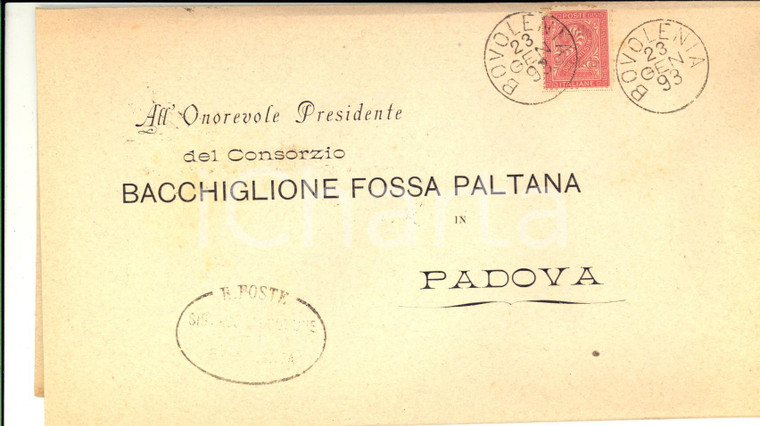 1893 STORIA POSTALE Piego comunale BOVOLENTA per Consorzio BACCHIGLIONE 2 cent.