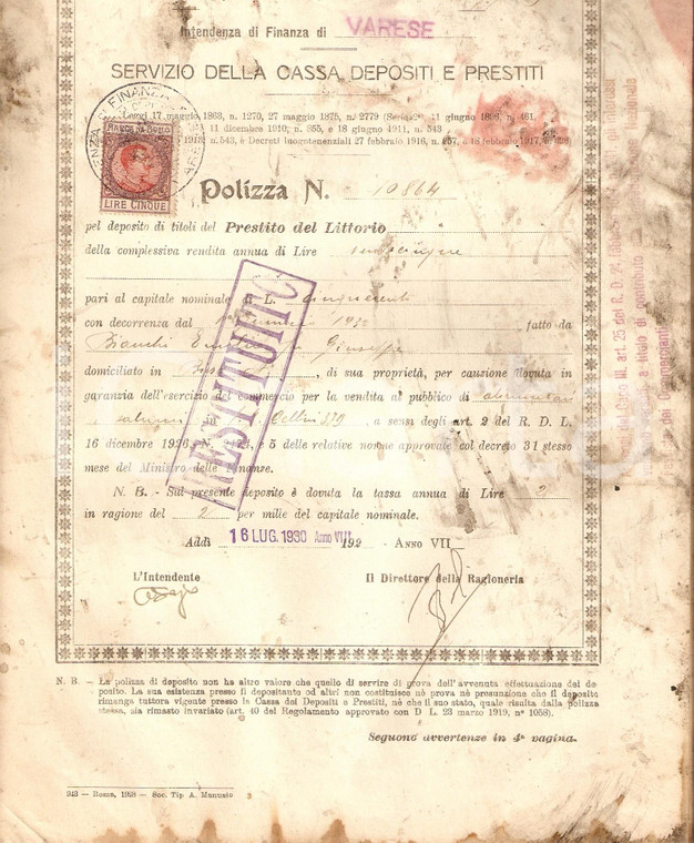 1930 VARESE Polizza Emilio BIANCHI per deposito titoli Prestito del Littorio 