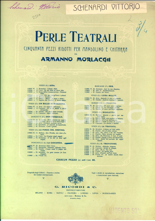 1907 PONCHIELLI La Gioconda - Romanza della cieca  *Spartito mandolino RICORDI